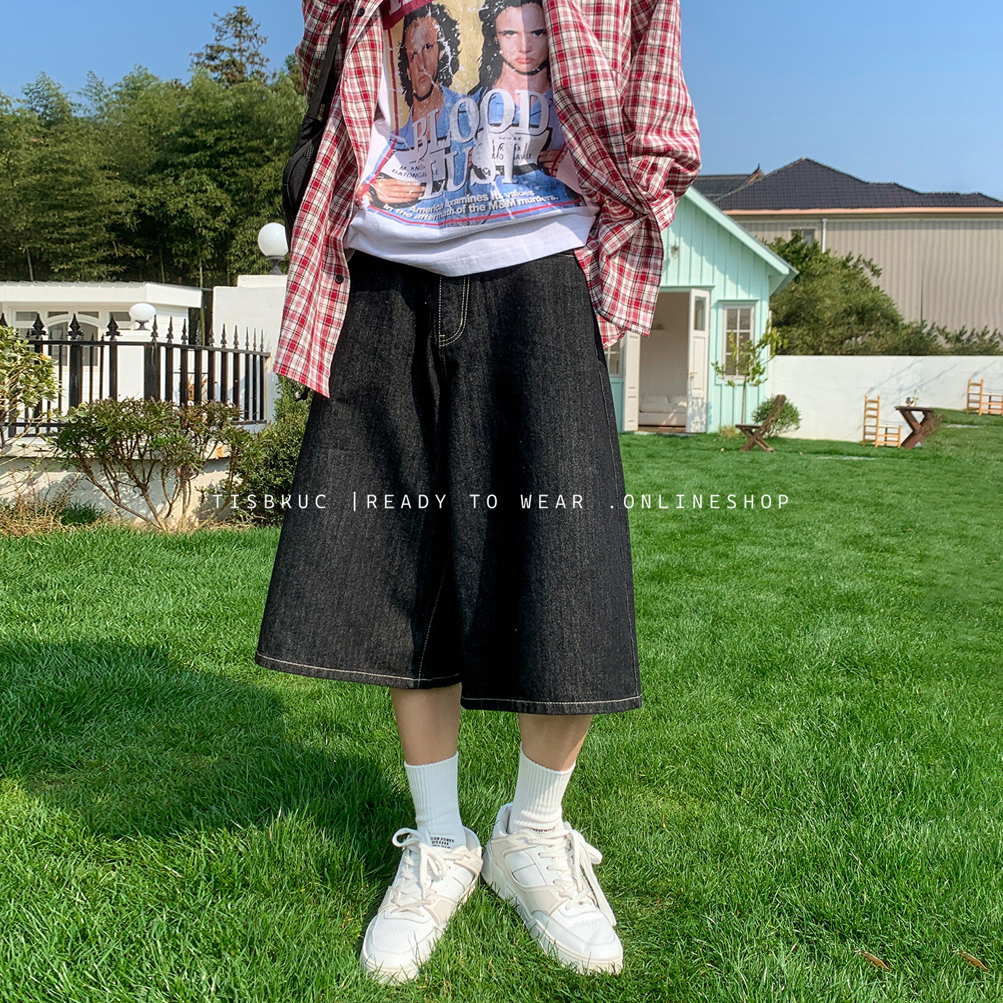 白口阳【漫步港岛】少年廓形原浆丹宁深色牛仔阔腿7分裤水洗做旧