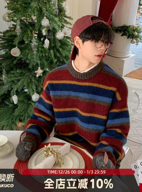 白口阳【圣诞费尔岛】圣诞配色圆领毛衣穿搭男女款冬季条纹针织衫