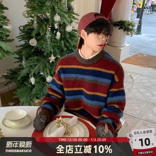 条纹针织衫 白口阳 冬季 圣诞配色圆领毛衣穿搭男女款 圣诞费尔岛