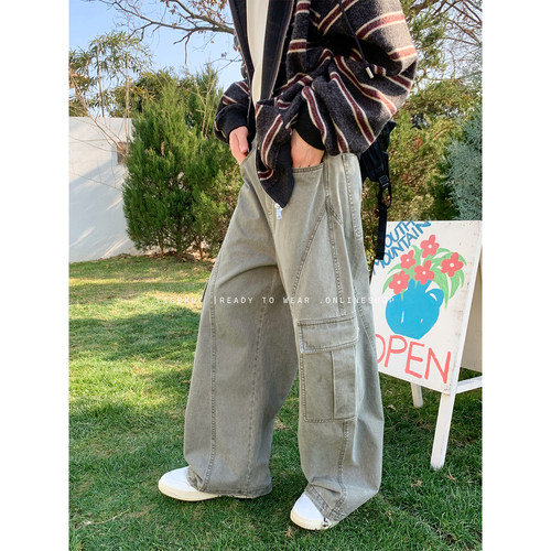 白口阳【春日苔藓】美式男款阔腿裤百搭日系做旧水洗裤弯刀工装裤