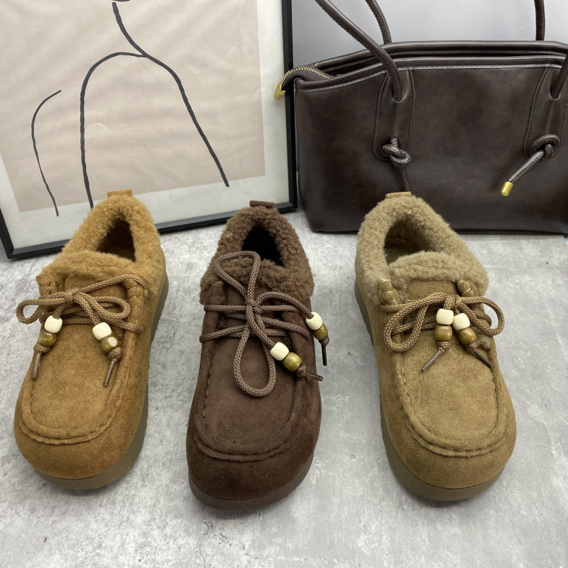 25秋冬加绒勃肯鞋女秋冬新款圆头系带平底休闲百搭豆豆鞋女