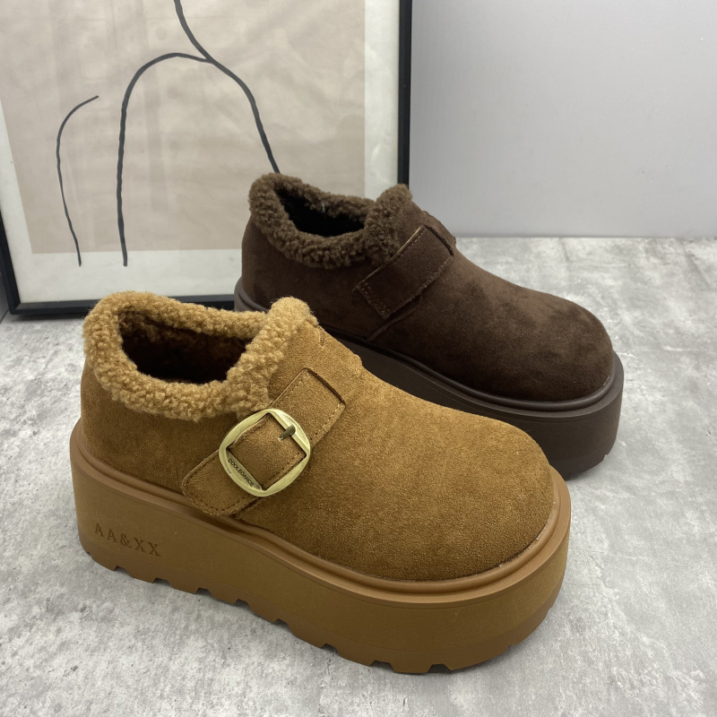25秋冬毛绒勃肯鞋女厚底圆头休闲鞋皮带扣舒适保暖增高魔术贴鞋女