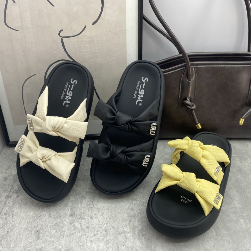 商场当季新款厚底女鞋圆头蝴蝶结平底防滑百搭舒适休闲沙滩拖鞋潮