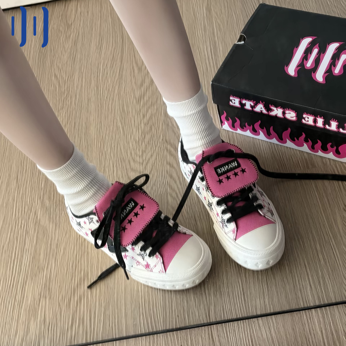 顽刻ollieskate三明治粉色星星校园风W学生男女国潮帆布滑板鞋