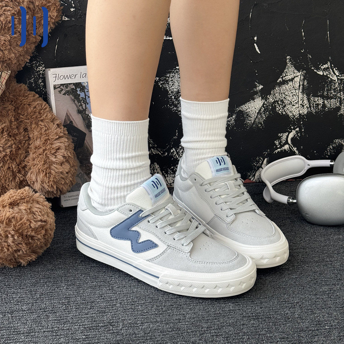 顽刻ollieskate白蓝拼色校园风W系列休闲低帮男女国潮滑板鞋