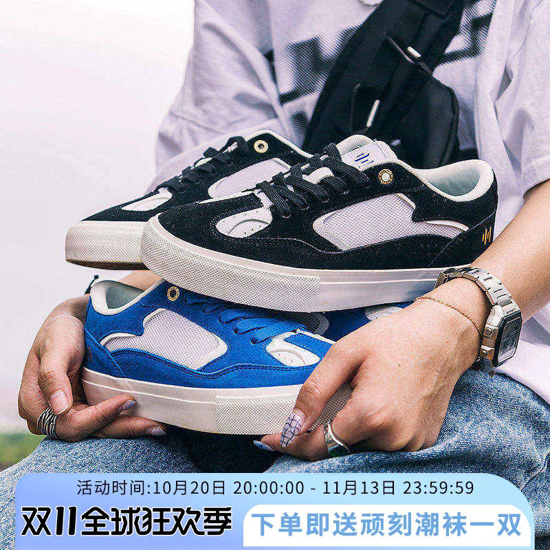 顽刻ollieskate经典黑白翻毛皮DOUBLE拼接系带低帮休闲男女滑板鞋