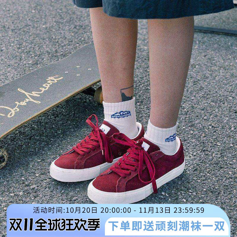 顽刻ollieskate酒红色街头滑板翻毛皮耐磨男女低帮05国潮滑板鞋