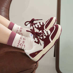 顽刻ollieskate冷粘面包鞋酒红色翻毛皮合成革拼接男女滑板鞋