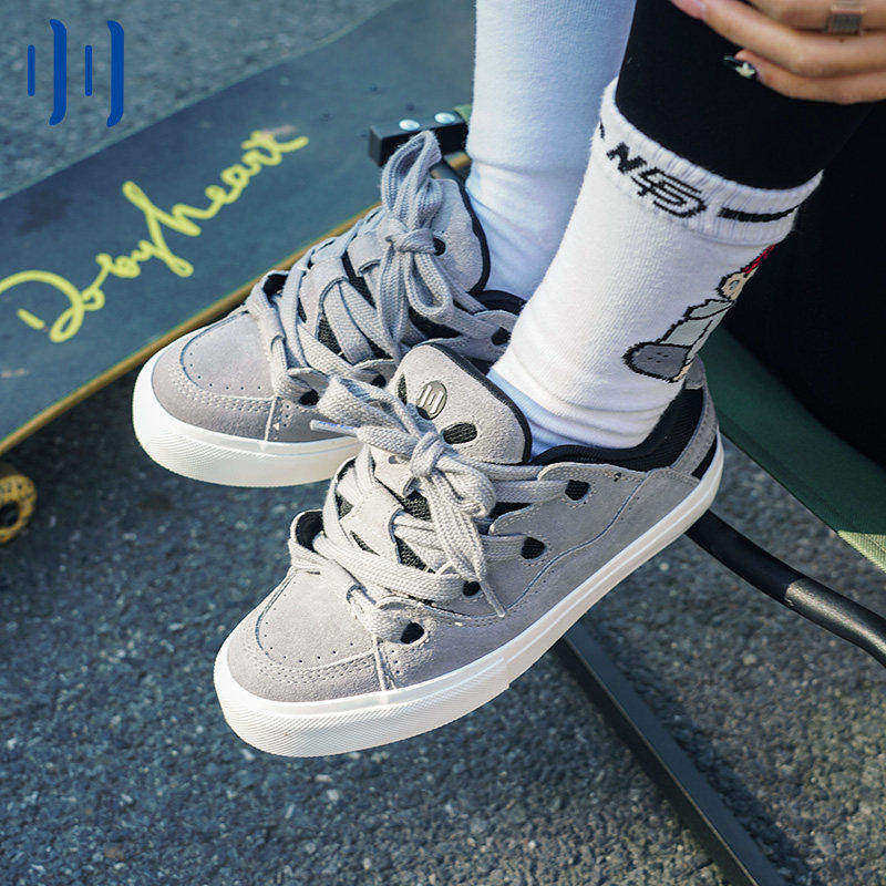 顽刻ollieskate面包鞋深灰色拼接复古BAKE低帮男女秋冬国潮滑板鞋