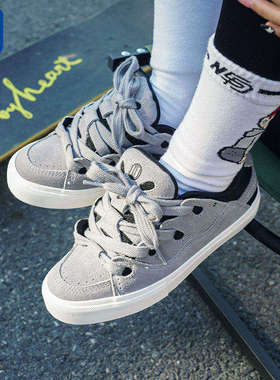 顽刻ollieskate面包鞋深灰色拼接复古BAKE低帮男女秋冬国潮滑板鞋