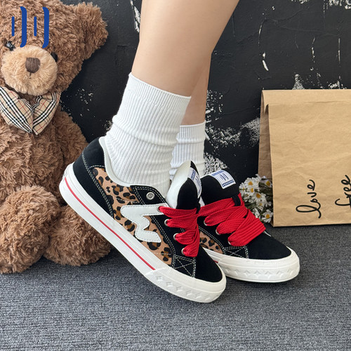 顽刻ollieskate贝果豹纹印花春季BAKE休闲低帮W软底男女面包板鞋