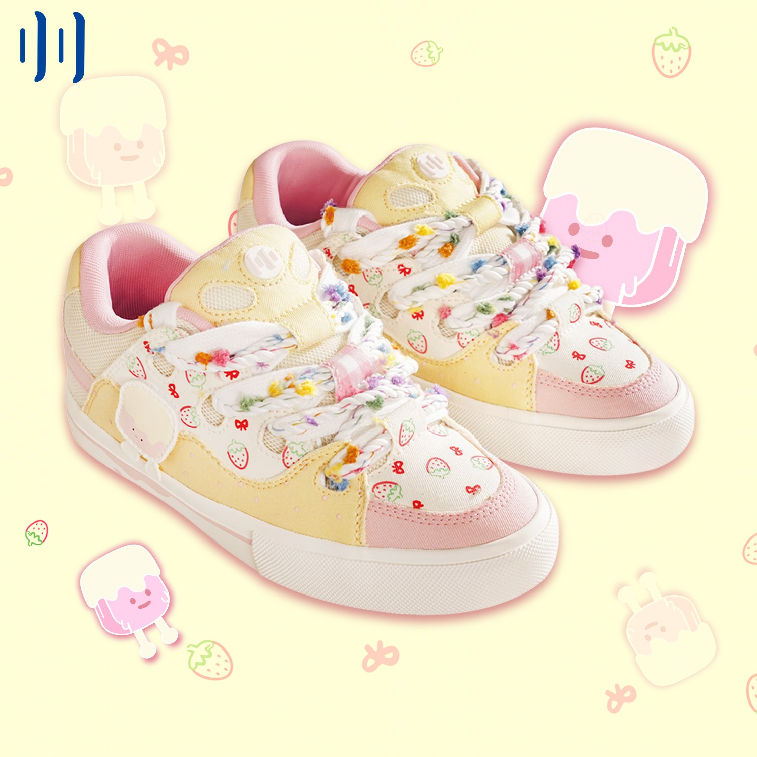 顽刻ollieskate面包鞋小草莓黄粉撞色拼接复古BAKE男女国潮滑板鞋