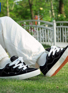 顽刻ollieskate面包鞋黑色翻毛皮拼接复古BAKE男女国潮滑板鞋