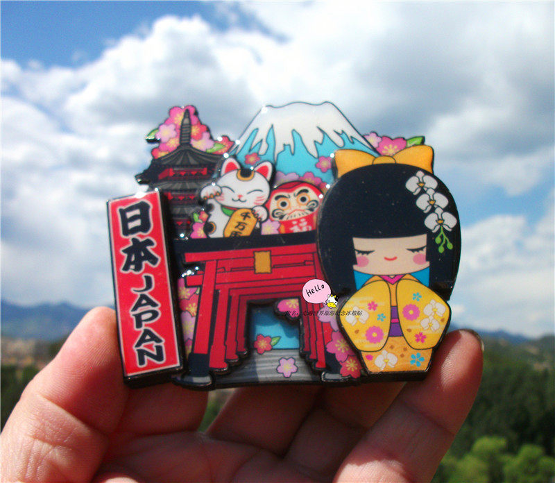 WORLD TRAVEL COMMEMORATIVE FRIDGE MAGNET JAPAN MOUNT FUJI BODHIDHARMA KIMONO DOLL WOODEN DOUBLE SOUVENIR