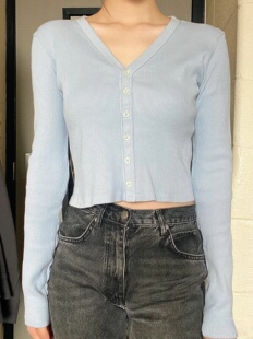 开衫 top同工厂六粒扣奶蓝色长袖 paige