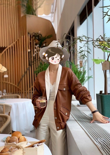 高货燃炸复古拼接领软糯轻行皮夹克真皮绵羊皮皮衣女SUSI