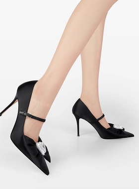 大码2025新款蝴蝶结性感尖头水钻法式高跟鞋细跟单鞋女黑色婚鞋