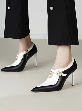 大码法式拼色高跟鞋新款气质性感尖头裸靴细跟小众深口单鞋女短靴