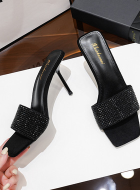 2026年夏季新款方头黑色水钻一字带凉鞋细跟高跟凉拖女