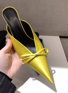 巴黎秀同款穆勒鞋女2026夏季欧美高跟鞋尖头蝴蝶结丝绸细跟包头拖