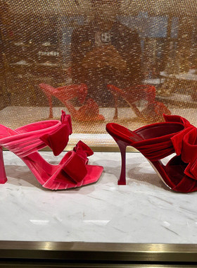 蝴蝶结糖粉色立绒凉鞋2026年新款名媛凉拖方头露趾细跟黑色高跟鞋