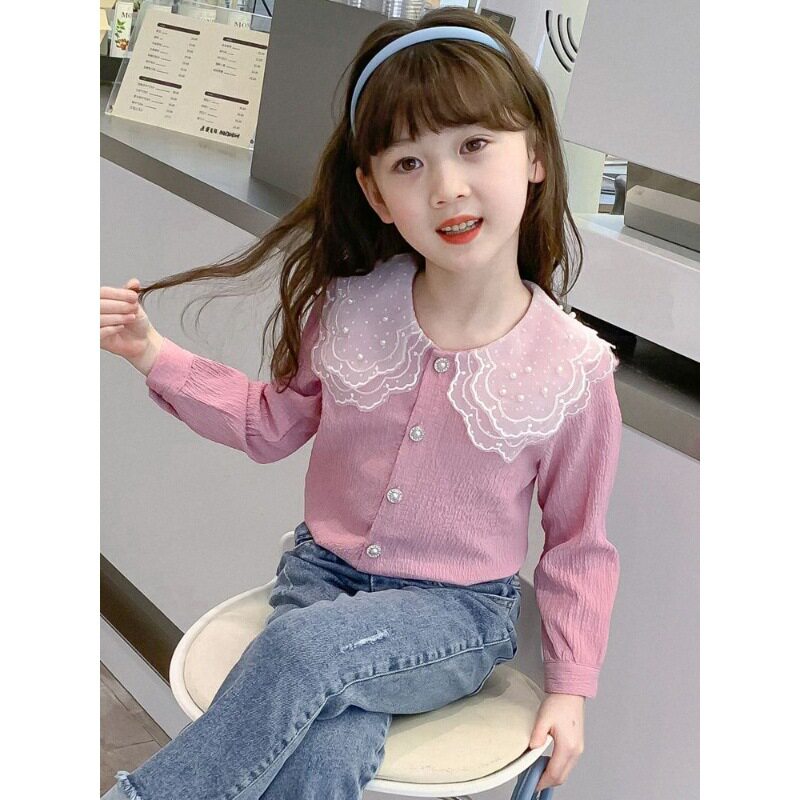 女童秋装衬衫2026新款儿童洋气女孩春秋衬衣长袖翻领花瓣打底上衣