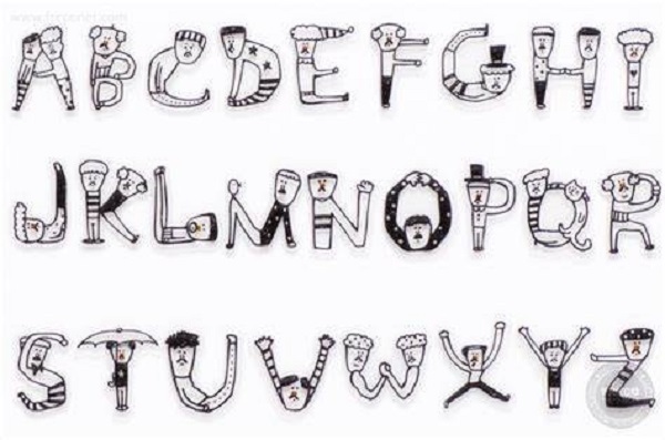 日本进口文具q-lia可爱儿童简笔画黑白人体组26个字母贴画贴纸包
