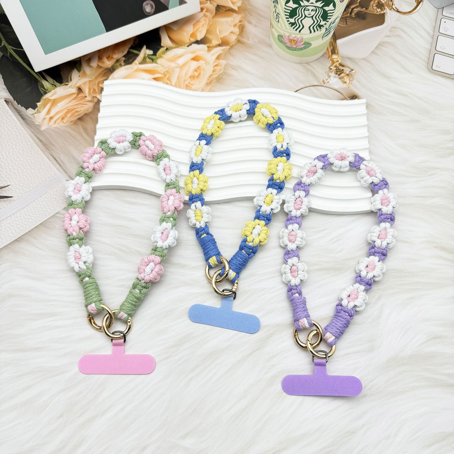 手工编织手机挂绳双头手机链花花手机挂件钥匙扣手腕绳电话挂绳女