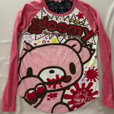 日系甜酷Gloomy Bear血腥熊印花长袖T恤粉白撞色朋克风插肩袖上衣
