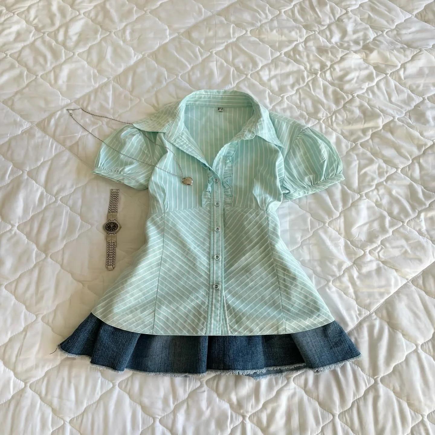 美式复古着风vintage条纹辣妹短袖上衣衬衫夏季绿色显瘦短款上衣图片