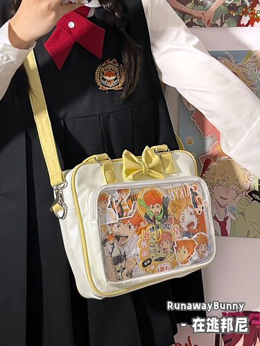 二次元女百搭大容量PU简约单肩斜挎包校园透明扎谷吧唧小食量痛包