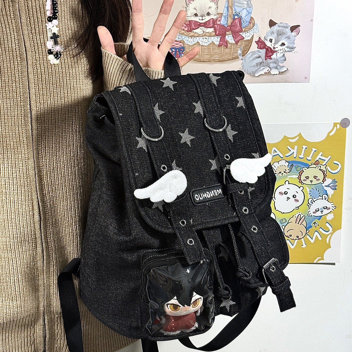 牛仔布复古男女初高中学生大容量双肩包10cm娃包痛包束口轻便书包