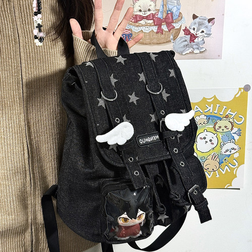 牛仔复古大容量束口双肩包书包