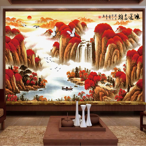 鸿运当头山水风景画客厅壁画墙贴