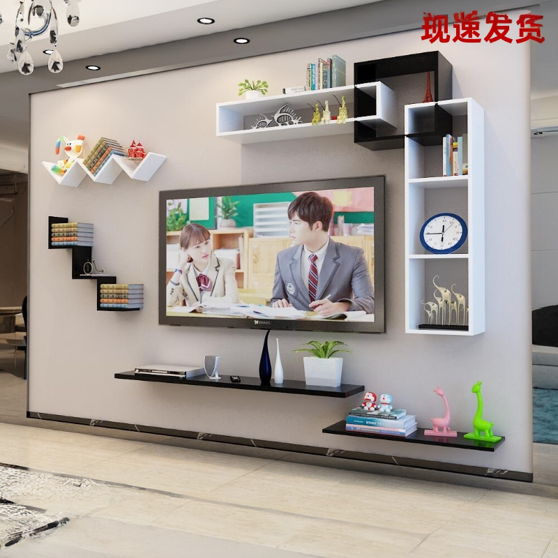 创意简约格子免打孔装饰置物架搁板层架电视背景隔板墙壁挂架