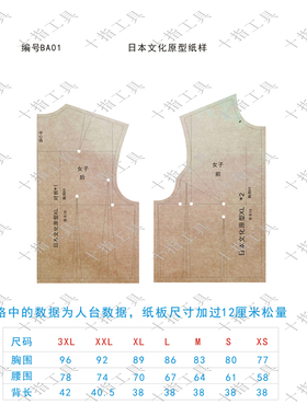 1:1 日本 第八代 文化 式 原型 女子 服装 模板 打版 袖子 BA01