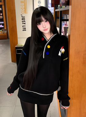 美式cleanfit毛衣女冬季彩色纽扣刺绣宽松黑色连帽针织慵懒风上衣