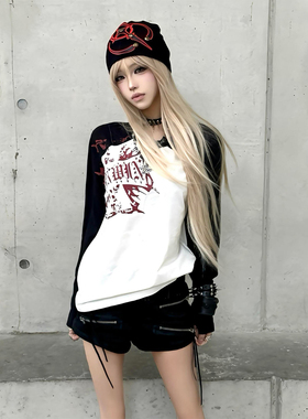 y2k亚文化黑白插肩长袖女早春红色十字宽松圆领t恤打底衫情侣上衣