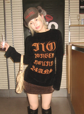 美式黑色针织衫女秋冬哥特风提花内搭毛衣辣妹收腰显瘦亚文化上衣