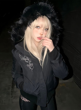 轻亚比黑色棉服女冬季穿搭可拆卸毛领连帽修身外套y2k视觉系上衣