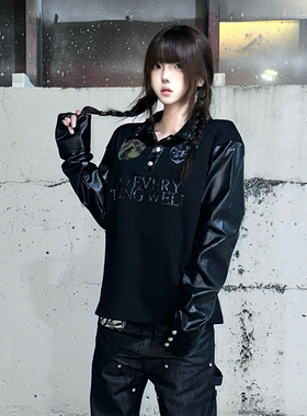 亚文化POLO衫卫衣oversize女秋冬朋克铆钉宽松黑色长袖视觉系上衣