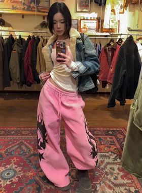 美式复古粉色阔腿裤女冬季火焰刺绣宽松羊羔绒休闲裤抽绳拖地卫裤