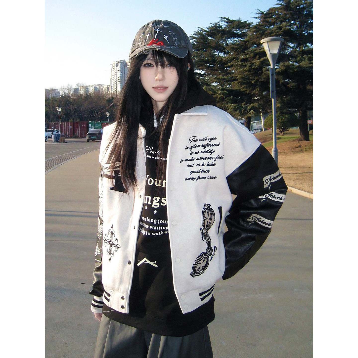 美式高街棒球服女冬季撞色刺绣宽松夹克外套情侣重磅上衣oversize