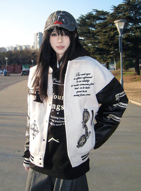 美式高街棒球服女冬季撞色刺绣宽松夹克外套情侣重磅上衣oversize