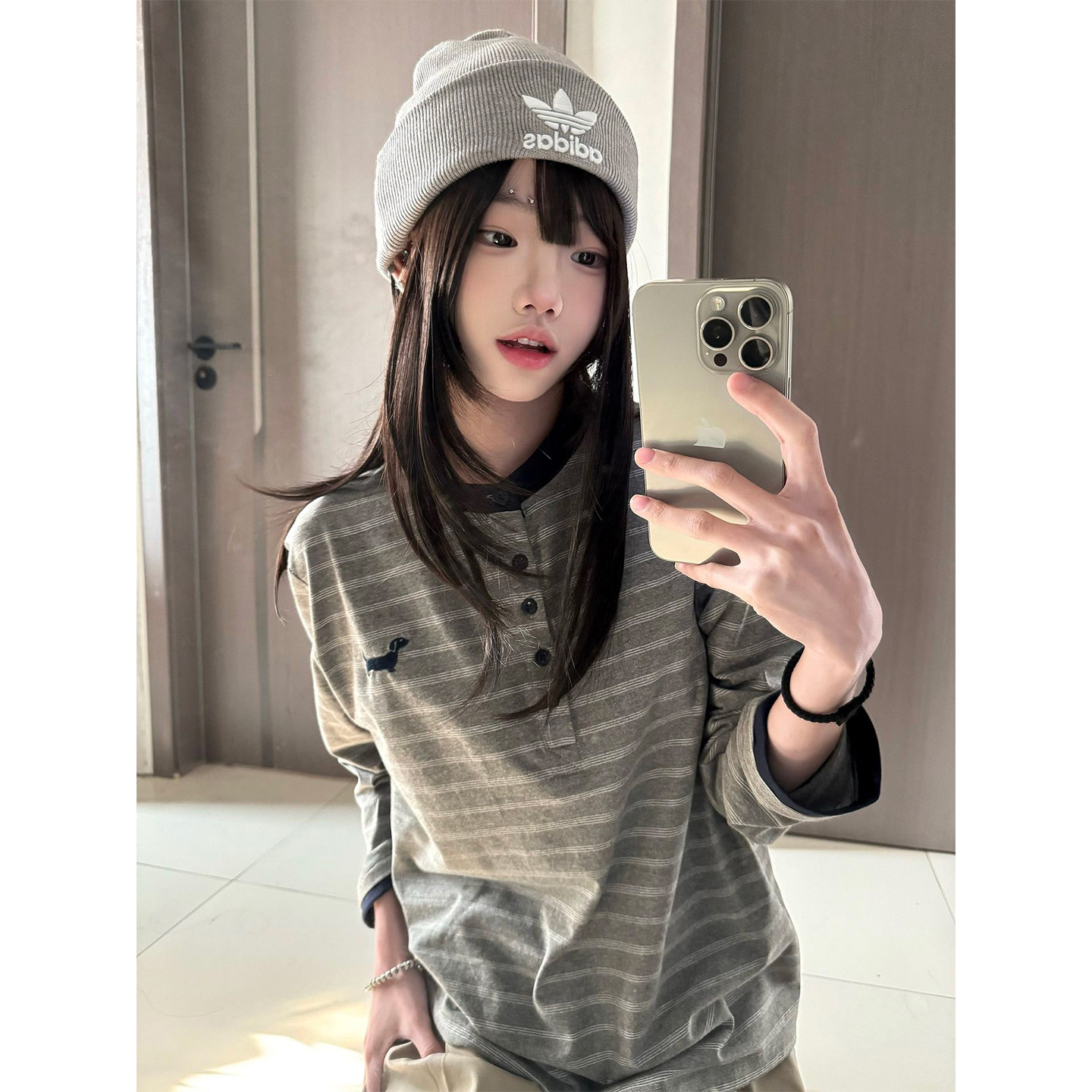 亨利领长袖T恤女早春季撞色条纹小狗宽松显瘦打底衫灰色休闲上衣,女装/女士精品,T恤,淘宝优惠券,粉丝福利购,淘宝优惠卷