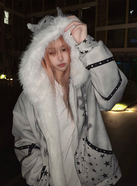 亚文化恶魔角毛领外套女冬季新款加厚连帽卫衣宽松情侣座山雕棉服