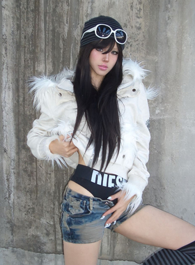 美式街头连帽外套女秋冬季毛领拼接宽松夹克情侣亚文化视觉系上衣