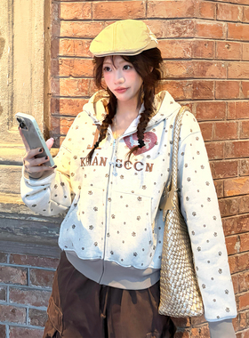 美式复古卫衣女秋冬季加绒爱心小狗脚印宽松连帽衫外套轻亚比上衣