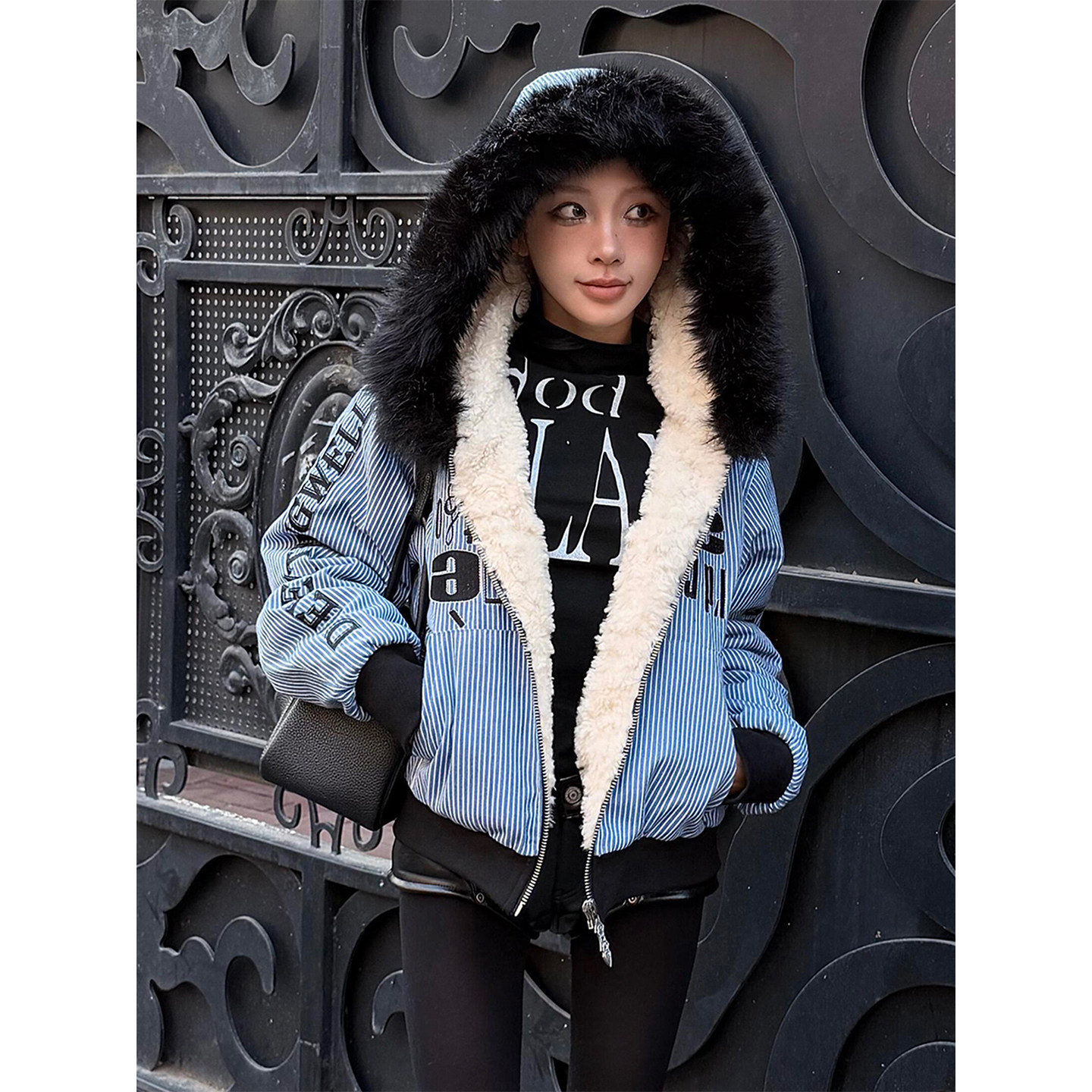 美式街头连帽棉服女冬季条纹毛领短款羊羔绒外套加厚棉衣oversize,女装/女士精品,短外套,淘宝优惠券,粉丝福利购,淘宝优惠卷