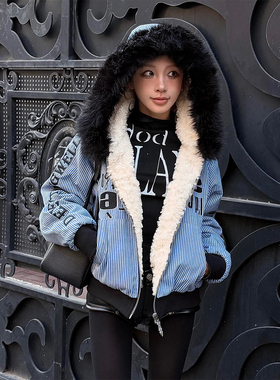 美式街头连帽棉服女冬季条纹毛领短款羊羔绒外套加厚棉衣oversize